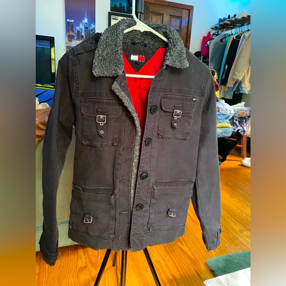 Vintage Tommy Hilfiger Bomber Black Denim Jacket Sherpa